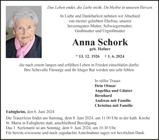 Traueranzeige von Anna Schork von Fränkische Nachrichten