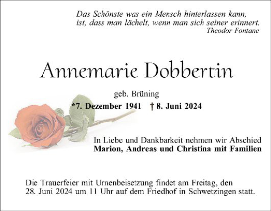 Traueranzeige von Annemarie Dobbertin von Schwetzinger Zeitung