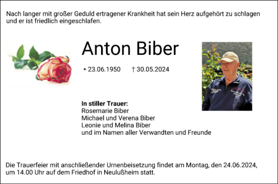 Traueranzeige von Anton Biber von Schwetzinger Zeitung
