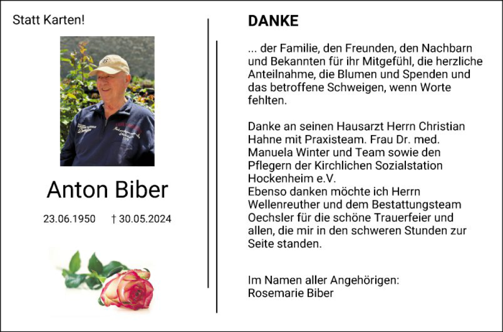  Traueranzeige für Anton Biber vom 28.06.2024 aus Schwetzinger Zeitung