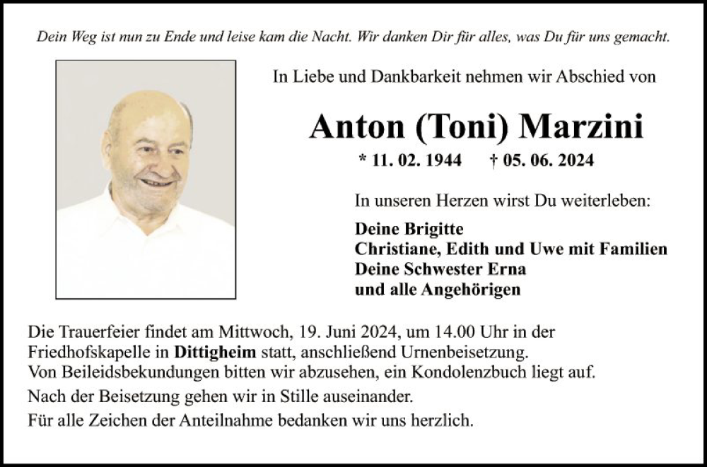  Traueranzeige für Anton Marzini vom 15.06.2024 aus Fränkische Nachrichten