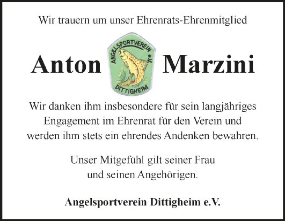  Traueranzeige für Anton Marzini vom 15.06.2024 aus Fränkische Nachrichten