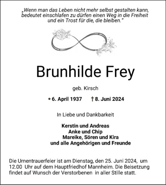 Traueranzeige von Brunhilde Frey von Mannheimer Morgen