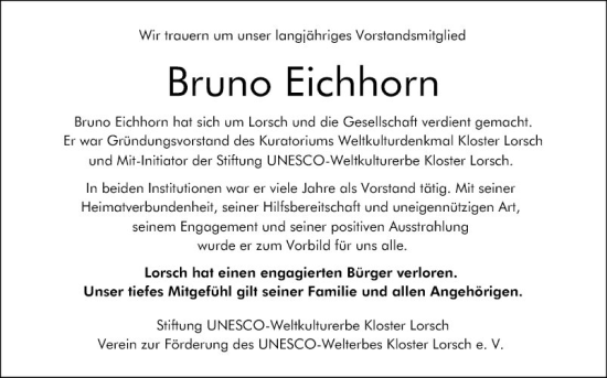 Traueranzeige von Bruno Eichhorn von Bergsträßer Anzeiger