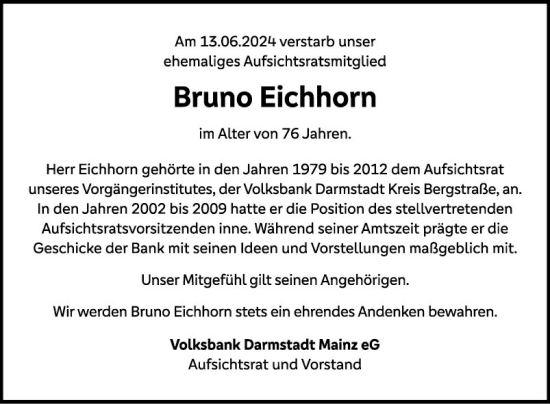 Traueranzeige von Bruno Eichhorn von Bergsträßer Anzeiger