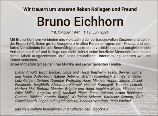 Traueranzeige von Bruno Eichhorn von Bergsträßer Anzeiger