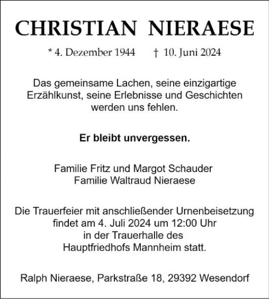 Traueranzeige von Christian Nieraese von Mannheimer Morgen