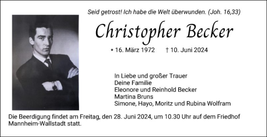 Traueranzeige von Christopher Becker von Mannheimer Morgen