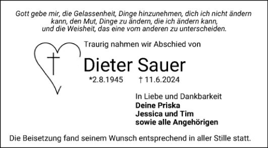 Traueranzeige von Dieter Sauer von Mannheimer Morgen