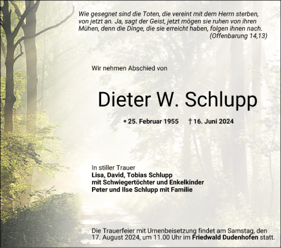 Traueranzeige von Dieter W. Schlupp von Schwetzinger Zeitung