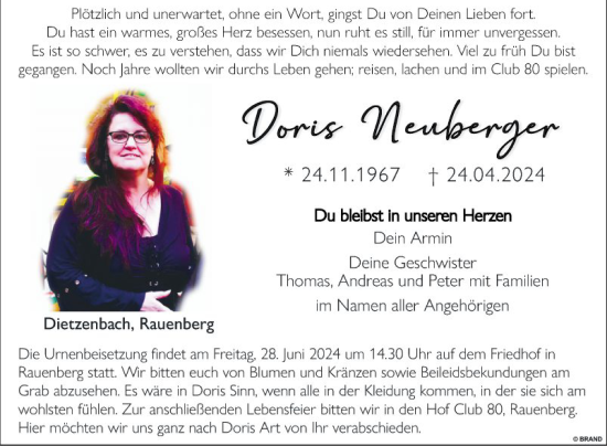 Traueranzeige von Doris Neuberger von Fränkische Nachrichten
