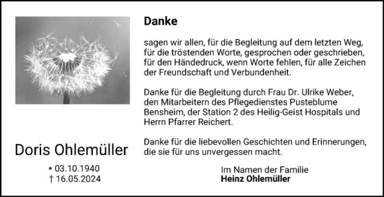 Traueranzeige von Doris Ohlemüller von Bergsträßer Anzeiger