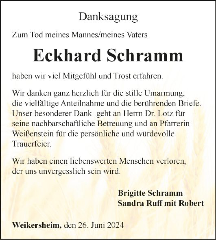  Traueranzeige für Eckhard Schramm vom 27.06.2024 aus Fränkische Nachrichten