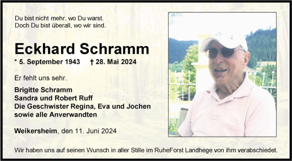  Traueranzeige für Eckhard Schramm vom 11.06.2024 aus Fränkische Nachrichten