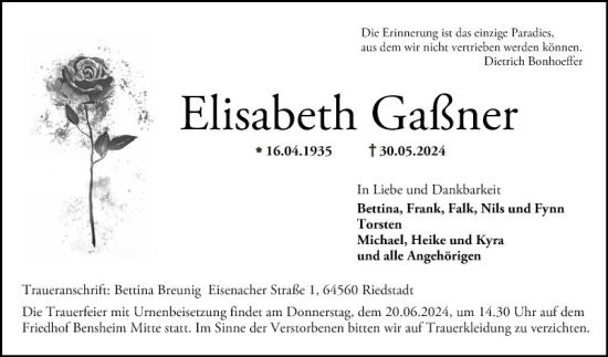 Traueranzeige von Elisabeth Gaßner von Bergsträßer Anzeiger