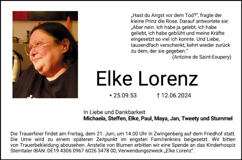  Traueranzeige für Elke Lorenz vom 15.06.2024 aus Bergsträßer Anzeiger