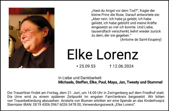 Traueranzeige von Elke Lorenz von Bergsträßer Anzeiger