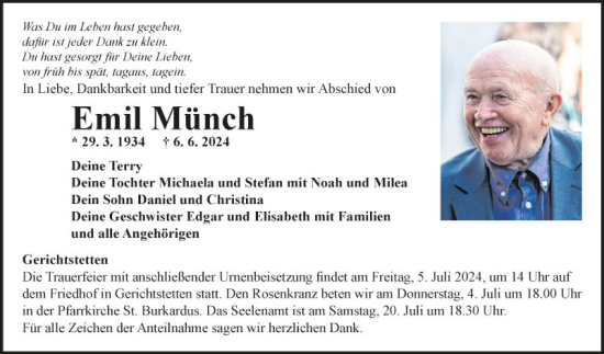 Traueranzeige von Emil Münch von Fränkische Nachrichten