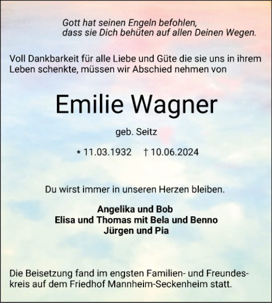 Traueranzeige von Emilie Wagner von Mannheimer Morgen