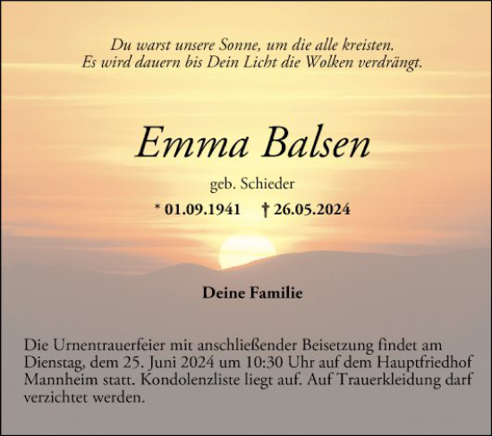 Traueranzeige von Emma Balsen von Mannheimer Morgen