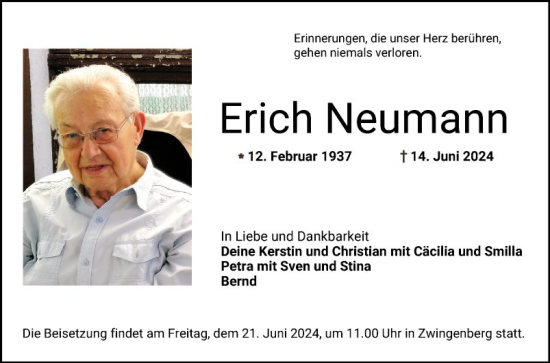 Traueranzeige von Erich Neumann von Bergsträßer Anzeiger