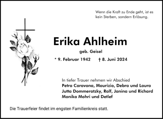 Traueranzeige von Erika Ahlheim von Bergsträßer Anzeiger