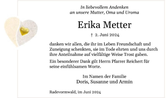 Traueranzeige von Erika Metter von Bergsträßer Anzeiger