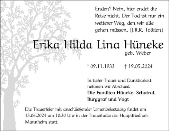 Traueranzeige von Erika Hilda Lina Hüneke von Mannheimer Morgen