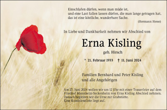 Traueranzeige von Erna Kisling von Mannheimer Morgen