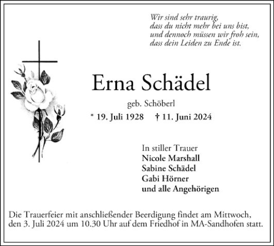Traueranzeige von Erna Schädel von Mannheimer Morgen