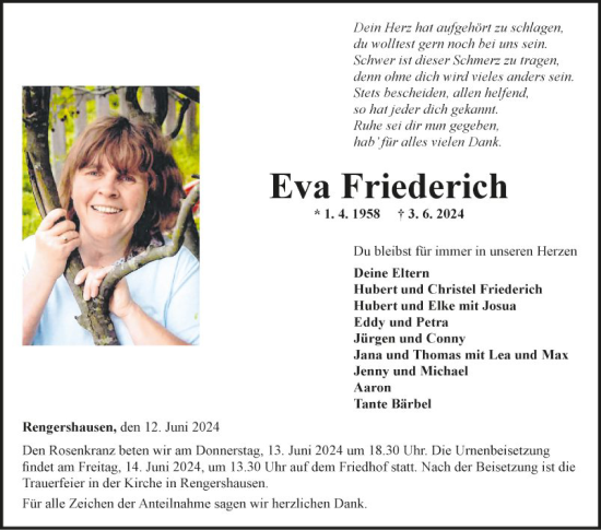 Traueranzeige von Eva Friederich von Fränkische Nachrichten