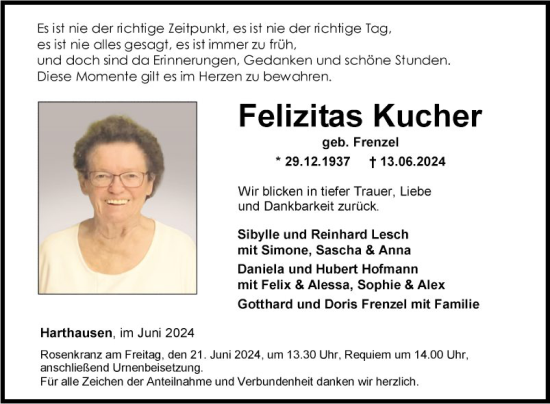 Traueranzeige von Felizitas Kucher von Fränkische Nachrichten