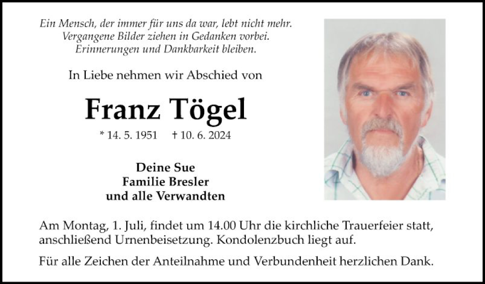  Traueranzeige für Franz Tögel vom 25.06.2024 aus Fränkische Nachrichten