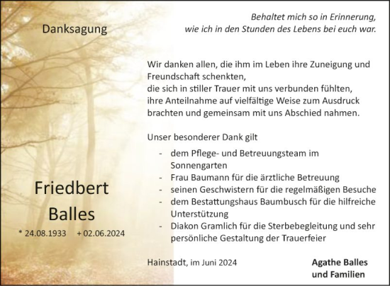 Traueranzeige von Friedbert Balles von Fränkische Nachrichten