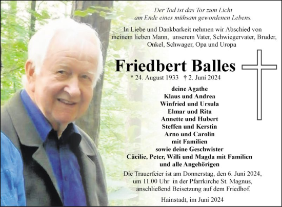Traueranzeige von Friedbert Balles von Fränkische Nachrichten