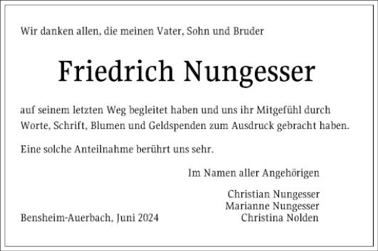 Traueranzeige von Friedrich Nungesser von Bergsträßer Anzeiger