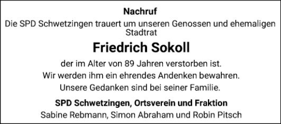 Traueranzeige von Friedrich Sokoll von Schwetzinger Zeitung