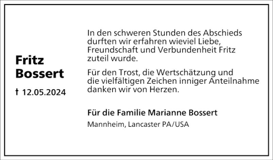 Traueranzeige von Fritz Bossert von Mannheimer Morgen