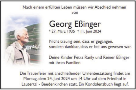 Traueranzeige von Georg Eßinger von Bergsträßer Anzeiger