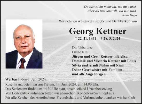 Traueranzeige von Georg Kettner von Fränkische Nachrichten
