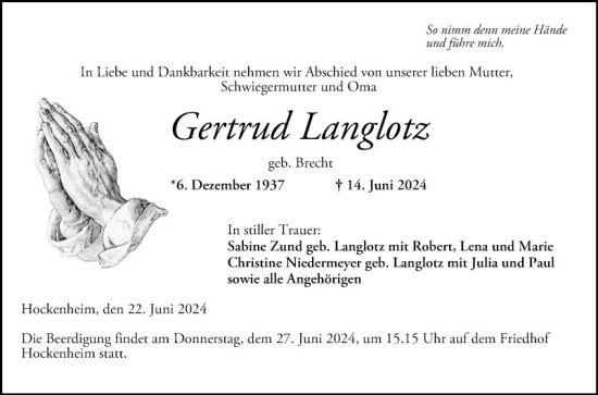 Traueranzeige von Gertrud Langlotz von Schwetzinger Zeitung