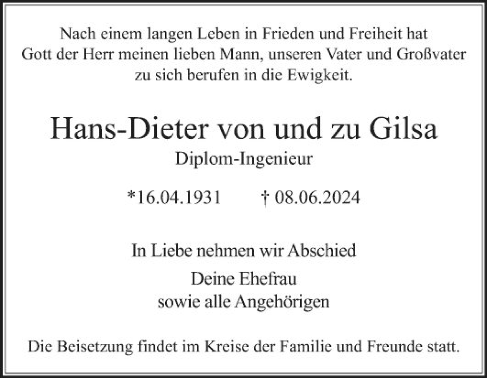  Traueranzeige für Hans-Dieter von und zu Gilsa vom 15.06.2024 aus Mannheimer Morgen