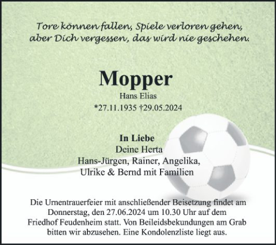 Traueranzeige von Hans Elias von Mannheimer Morgen