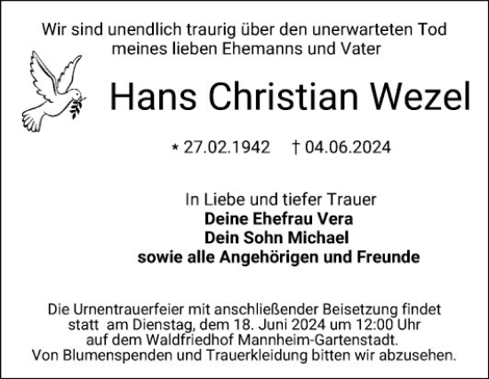 Traueranzeige von Hans Christian Wezel von Mannheimer Morgen