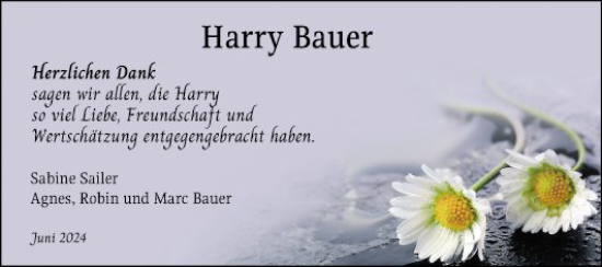 Traueranzeige von Harry Bauer von Fränkische Nachrichten