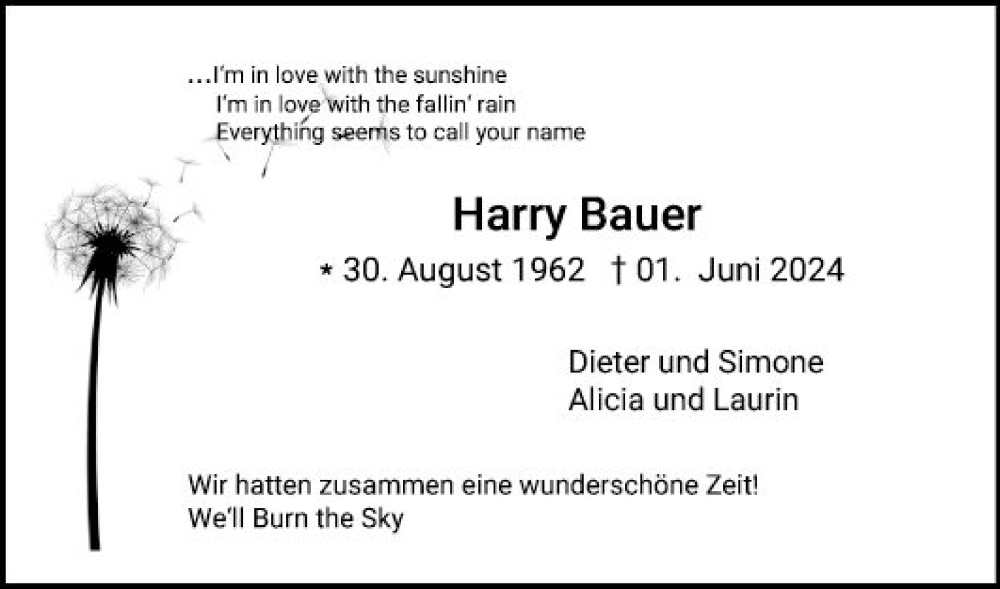  Traueranzeige für Harry Bauer vom 15.06.2024 aus Fränkische Nachrichten