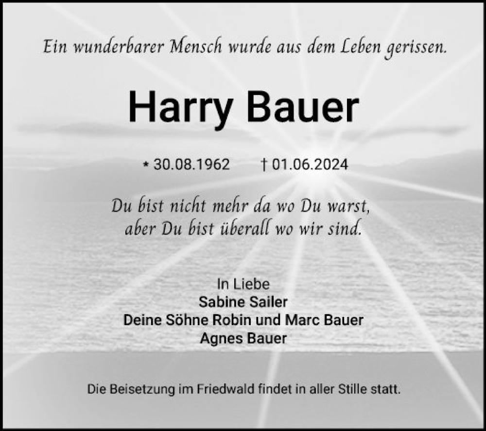  Traueranzeige für Harry Bauer vom 14.06.2024 aus Fränkische Nachrichten