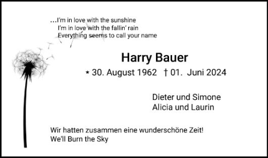 Traueranzeige von Harry Bauer von Fränkische Nachrichten