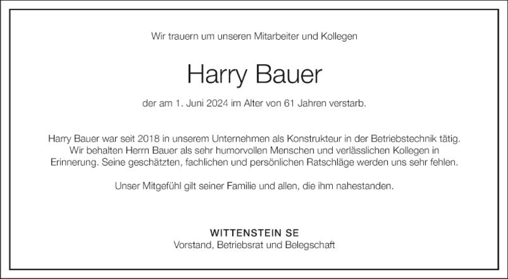  Traueranzeige für Harry Bauer vom 12.06.2024 aus Fränkische Nachrichten