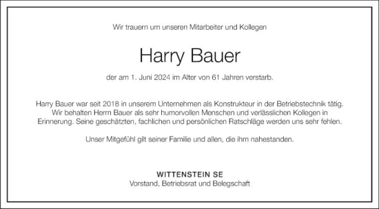 Traueranzeige von Harry Bauer von Fränkische Nachrichten